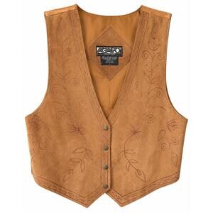 Vintage AGAPO Leather Vest Womens Large Western Boho Cowgirl Rodeo Embroidered